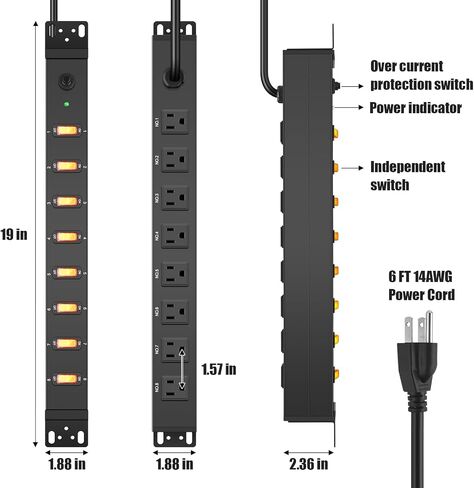 HHSOET 8 Outlet PDU Power Strip, 1U Rack Surge Protection, 6FT, Black, 1 in Saudi Arabia