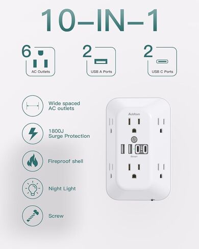 Addtam Surge Protector، 6 موسع منافذ مع ضوء ليلي و4 منافذ USB in Kuwait