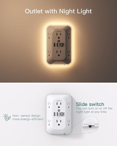 Addtam Surge Protector، 6 موسع منافذ مع ضوء ليلي و4 منافذ USB in Kuwait