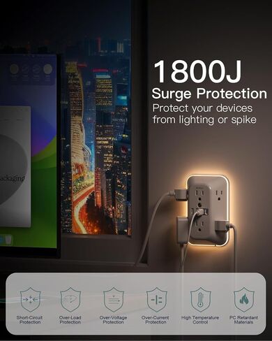 Addtam Surge Protector، 6 موسع منافذ مع ضوء ليلي و4 منافذ USB in Kuwait