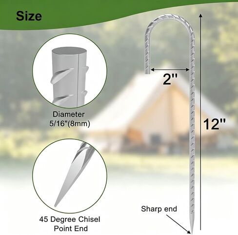 12 Inch 5/16" Rebar Stakes 8-Pack, Heavy Duty J-Hook Tent Stakes, Galvanized Steel Ground Anchors for Camping, Garden, Yard, Trampoline and Fence in Saudi Arabia