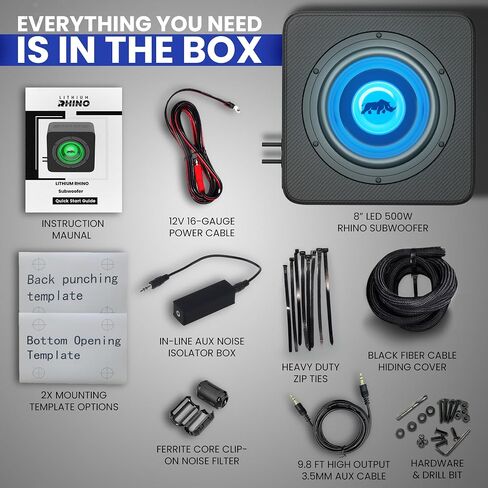 LED 8" Subwoofer Deep Bass System, High Level Inputs, Heavy-Duty Enclosure, Rugged Weather-Resistant Design - Includes Wiring Kit, Mounting Hardware and Quick Start Guide, w/Aux Cable in Saudi Arabia
