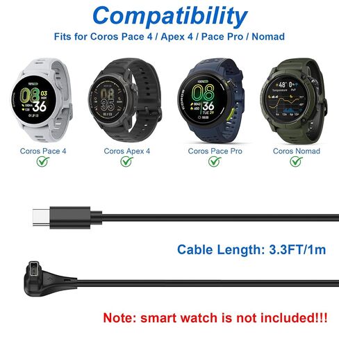 شاحن Amzpas لـ Coros Pace 4/ Apex 4/ Pace Pro/Nomad، سلك كابل شحن USB A+USB C بديل لـ Coros Pace 4، APEX 4، Pace Pro، Nomad Sport Watch 100 سم، عبوتان in Kuwait