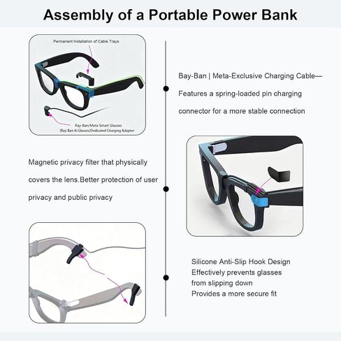 شاحن محمول يمكن ارتداؤه لـ Ray-Ban Meta Gen 1 & Gen 2، Wayfarer، Skyler، Headliner، Oakley Meta HSTN، بنك طاقة ممتد للشحن السريع لملحقات نظارات Meta، ما يصل إلى 3.8 شحنات كاملة in Saudi Arabia