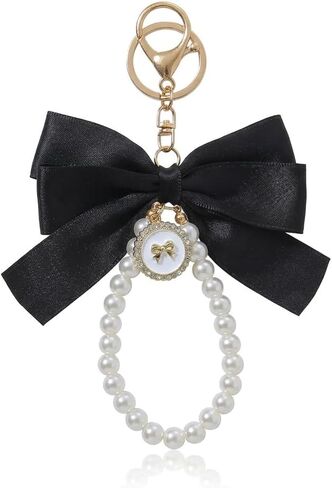 Bloomish Phone Charm, Ribbon Bow Keychain for Women - Handmade Keyring with Faux Pearl Beaded Wristlet, Cute Bag Pendant for Car Keys, Purse, Backpack, Cellphone Decor - Gift for Girls in Saudi Arabia