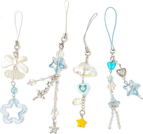 4PCS Phone Charm Y2K Aesthetic Keychain Star Flower Cute Decor String Cellphone Case Chain Pendant Strap Bow Butterfly Crystal Ribbon Bead (Pink) in Saudi Arabia