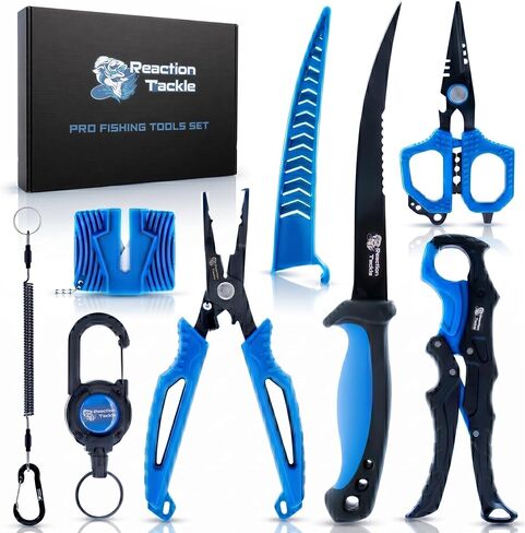 Reaction Tackle 7 Piece Fishing Tool Kit, Fillet Knife and Sharpener, Fishing Pliers, Braid Scissors, Floating Lip Gripper, Hook Remover and Lanyard, Stainless Steel for Saltwater and Freshwater in Saudi Arabia