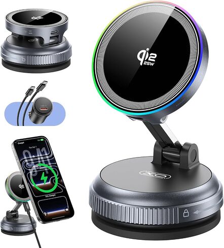 Qi2.2 Magnetic Car Mount Charger,25W Fast Wireless Charging Stand with RGB Light,360° Rotating Suction Phone Holder for Your Car,Compatible with iPhone 12-17,S26/S25 in Saudi Arabia