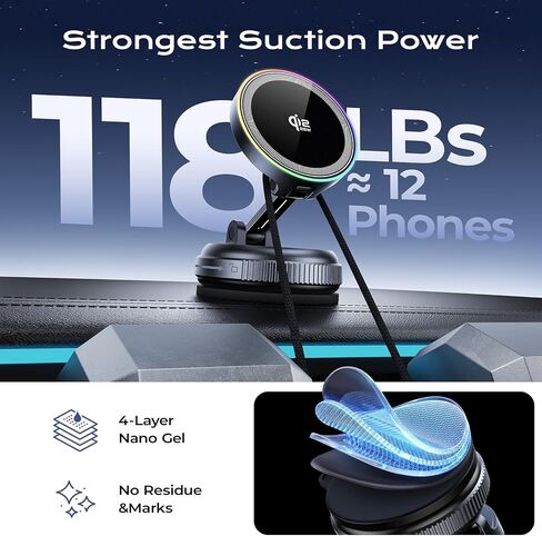 Qi2.2 Magnetic Car Mount Charger,25W Fast Wireless Charging Stand with RGB Light,360° Rotating Suction Phone Holder for Your Car,Compatible with iPhone 12-17,S26/S25 in Saudi Arabia