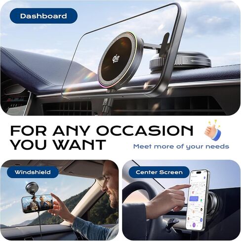 Qi2.2 Magnetic Car Mount Charger,25W Fast Wireless Charging Stand with RGB Light,360° Rotating Suction Phone Holder for Your Car,Compatible with iPhone 12-17,S26/S25 in Saudi Arabia