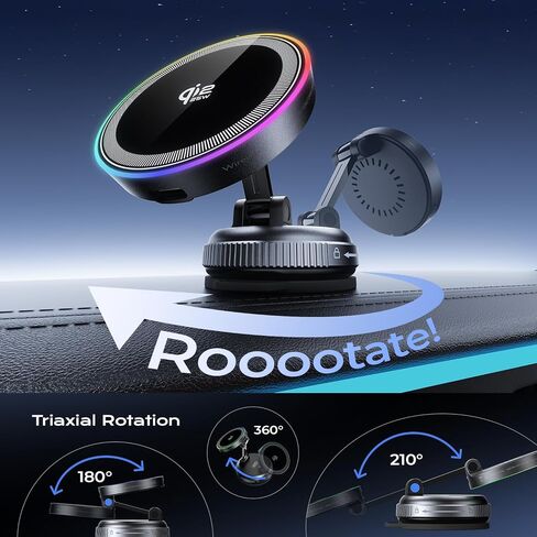Qi2.2 Magnetic Car Mount Charger,25W Fast Wireless Charging Stand with RGB Light,360° Rotating Suction Phone Holder for Your Car,Compatible with iPhone 12-17,S26/S25 in Saudi Arabia