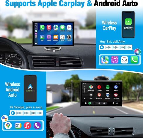 7 inch Carplay Screen for Car - Supports Wireless Apple Carplay & Android Auto, Portable Touchscreen with Bluetooth, Navigation, Voice Control, Mirror Link,Universal for All Cars (Black) in Saudi Arabia
