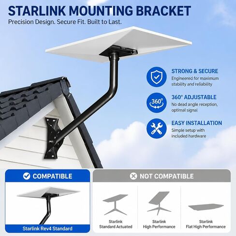 Gen 3 Starlink Mount, Adjustable Wall/Roof Mounting Kit for Starlink Standard Dish 4/4X/V3, Weatherproof for Outdoor Installation, Black(Include Aluminum Pipe Adapter) in Saudi Arabia