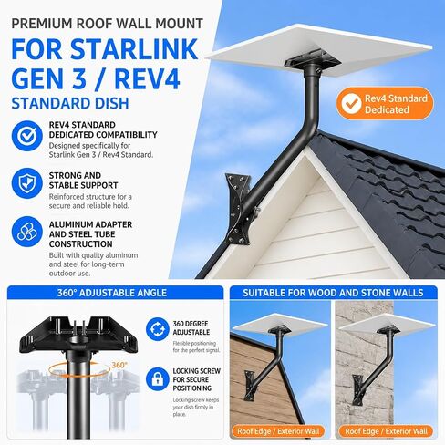 Gen 3 Starlink Mount, Adjustable Wall/Roof Mounting Kit for Starlink Standard Dish 4/4X/V3, Weatherproof for Outdoor Installation, Black(Include Aluminum Pipe Adapter) in Saudi Arabia
