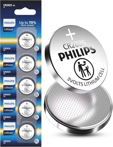PHILIPS CR2025 3V Lithium Button Cell Battery, 5 Pack, 10 Year Shelf Life, Stable Discharge, Child Resistant Packaging Works with Key Fob, Household Electronics in Saudi Arabia