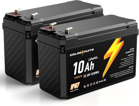 بطارية GOLDENMATE 12V 10Ah Lithium LiFePO4 (عبوتين)، مقاومة للماء IP67 in Saudi Arabia