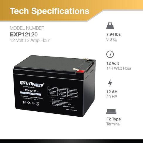 بطارية ExpertPower EXP12120 12V 12Ah AGM - حزمة بطارية حمض الرصاص المختومة 12 فولت، SLA قابلة لإعادة الشحن مع أطراف F2، استبدال UPS، كرسي متحرك، جهاز التنقل، 12 فولت 12 أمبير / 20 ساعة in Saudi Arabia