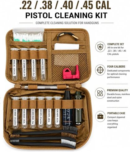 Pistol Basics Single-Caliber Cleaning Kit, Handgun Cleaning kit for 9mm, .22, .380, .40, .45Cal with Gun Snakes in Molle Pouch (Multi-Caliber) in Saudi Arabia