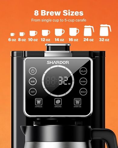 SHARDOR Single Serve & Carafe Coffee Maker, Hot & Iced Coffee Machine for K Cup Pods & Grounds, 6-32oz Brew Sizes, 95oz Removable Water Reservoir, 5 Cup Thermal Carafe, 24H Programmable, Matte Black in Saudi Arabia