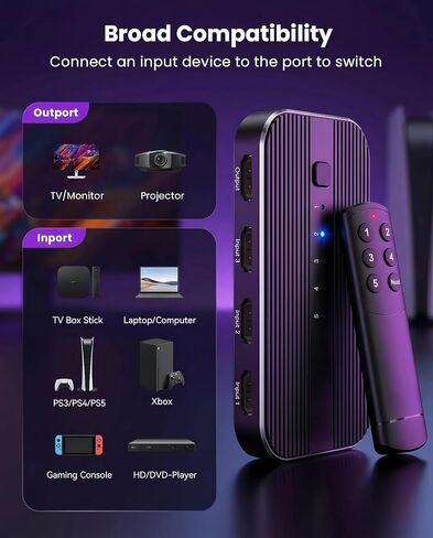 HDMI Switch 5 in 1 Out with Remote 4K@60Hz, HDMI Splitter Support HDCP2.2, HDR, 3D, Dolby Support, 3 Port Switcher Selector Box with Xbox, PS5/4/3, Fire Stick Roku Blu-Ray Player (5 in 1 Out) in Saudi Arabia