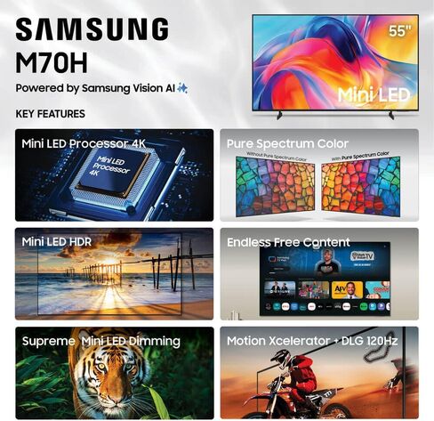 Samsung 55 Inch Class M70H Series 4K HDR Mini-LED Smart TV with HDMI Cable, 12 Month CPS Warranty & Streaming Bundle, Smart TV, HDR Picture, Gaming Ready, WiFi Enabled in Saudi Arabia