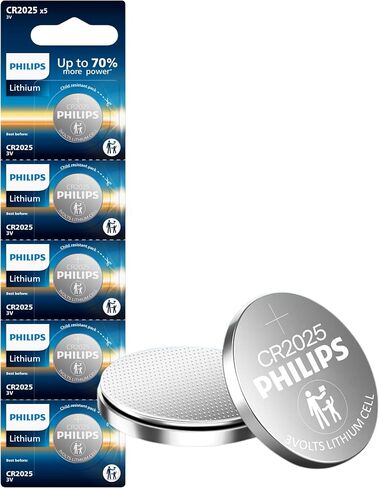 PHILIPS CR2025 Battery 5 Pack | CR 2025 Batteries | Up to 70% More Power | 10 Year Shelf Life | CR 2025 3v Lithium Coin Battery | Best for Car Key Fob Remote, Medical Devices, Watches. in Saudi Arabia