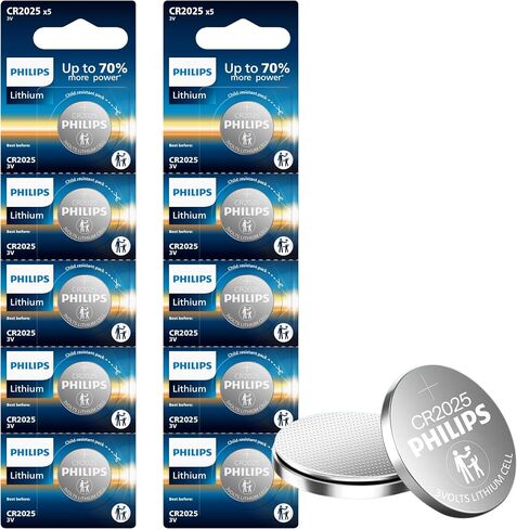 PHILIPS CR2025 Battery 5 Pack | CR 2025 Batteries | Up to 70% More Power | 10 Year Shelf Life | CR 2025 3v Lithium Coin Battery | Best for Car Key Fob Remote, Medical Devices, Watches. in Saudi Arabia