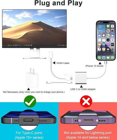 iPhone to HDMI Adapter for TV, USB C to HDMI Converter for iPhone 15/16, Type C Digital AV HDMI Adapter with Fast PD Charging, Compatible with iPhone15/16 MacBook Ipad, Not applicable to Lightning in Saudi Arabia