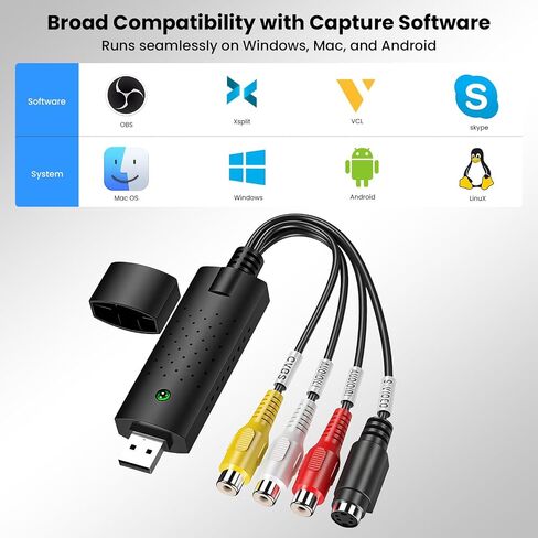 VHS to Digital Converter, USB Video Capture Card Device, RCA to USB A Converter, Convert VHS Mini DV VCR Hi8 DVD Player Tape to Digital for Camcorder in Saudi Arabia