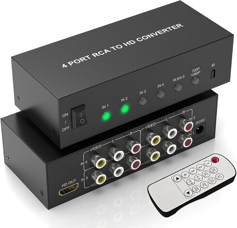 4-In 1-Out RCA to HDMI Converter with Remote – AV Composite to HDMI Adapter 1080P/720P, Supports 4:3/16:9 Switch, Compatible with PS1/PS2/PS3, Xbox, N64, SNES, Wii, DVD, VCR, Camcorder – Plug & Play in Saudi Arabia