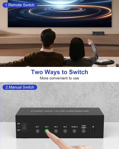 4-In 1-Out RCA to HDMI Converter with Remote – AV Composite to HDMI Adapter 1080P/720P, Supports 4:3/16:9 Switch, Compatible with PS1/PS2/PS3, Xbox, N64, SNES, Wii, DVD, VCR, Camcorder – Plug & Play in Saudi Arabia