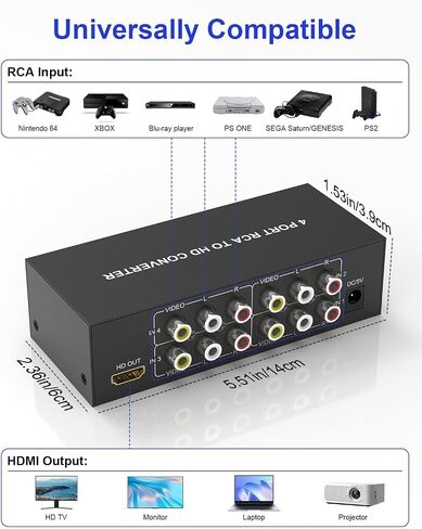 4-In 1-Out RCA to HDMI Converter with Remote – AV Composite to HDMI Adapter 1080P/720P, Supports 4:3/16:9 Switch, Compatible with PS1/PS2/PS3, Xbox, N64, SNES, Wii, DVD, VCR, Camcorder – Plug & Play in Saudi Arabia