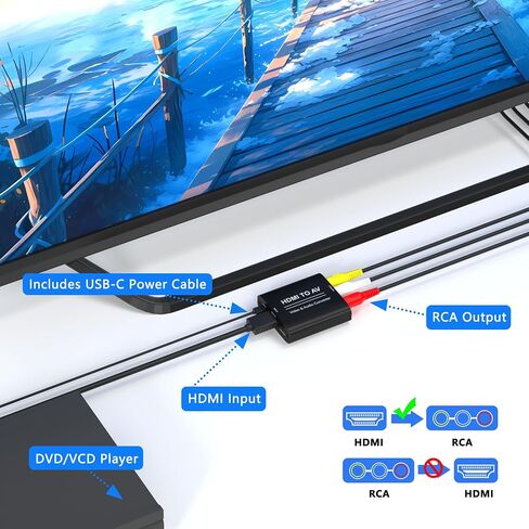 HDMI to RCA Converter, HDMI to AV Adapter, Red Yellow White CVBs Composite Video Audio Converter for Old TV Compatible PAL/NTSC for Apple TVs, Fire TV Stick, Chromecast, Roku, DVD, Android TVs Box in Saudi Arabia