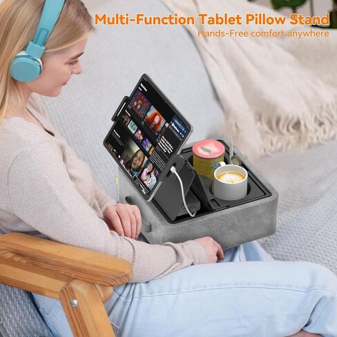 KDD Tablet Pillow Stand, Adjustable iPad Holder for Bed, Lap and Desk with Two Cup Holder and Storage Tray, 360°Rotating Clip Soft Dock Compatible with iPad Pro 12.9, Air, Mini, Phone and E-Reader in Saudi Arabia