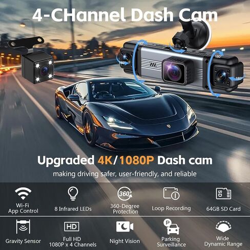 4 Channel 360° Dash Cam Front and Rear Inside Left & Right, Free 64GB Card in Saudi Arabia
