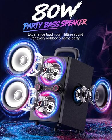 TPyesss Party Loud Bluetooth Speaker: 80W Peak Powerful Bass, Long Playtime, Vibrant Lights, Portable Wireless Speakers with TWS Pairing, Large Subwoofer for Outdoor, Garage & Home in Saudi Arabia