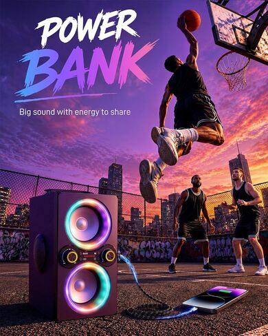 TPyesss Party Loud Bluetooth Speaker: 80W Peak Powerful Bass, Long Playtime, Vibrant Lights, Portable Wireless Speakers with TWS Pairing, Large Subwoofer for Outdoor, Garage & Home in Saudi Arabia