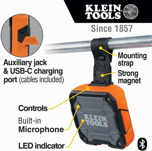 KLEIN TOOLS AEPJS2 Bluetooth Speaker with Magnetic Strip and Hook, Rechargeable, Wireless and Aux Capable, Hands Free Capable, 10 Hr Run Time, IP54 Dust and Water Resistant in Saudi Arabia