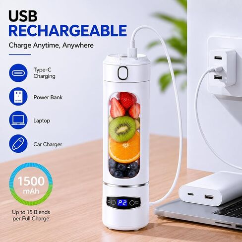 خلاط محمول للمخفوقات والعصائر، خلاط شخصي 20 أونصة قابل لإعادة الشحن عبر USB، كوب عصارة عالي السرعة بـ 6 شفرات لمخفوق البروتين، عصير الفاكهة، السفر، صالة الألعاب الرياضية، المكتب، أبيض in Saudi Arabia