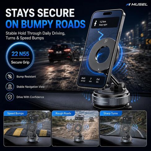 MUSEL Magnetic Car Phone Holder for MagSafe, Vacuum Mount for iPhone 17-12 in Saudi Arabia