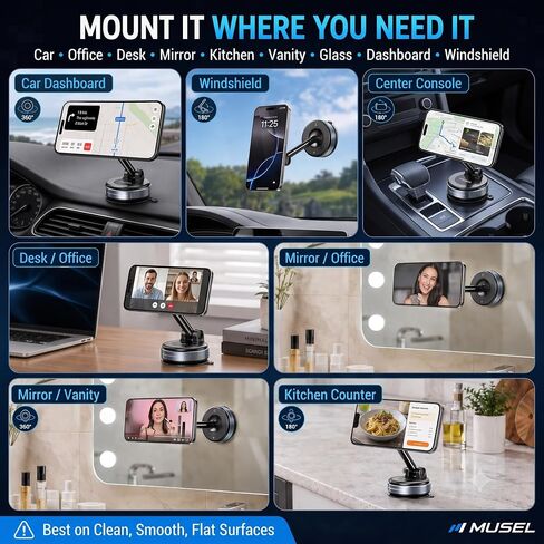 MUSEL Magnetic Car Phone Holder for MagSafe, Vacuum Mount for iPhone 17-12 in Saudi Arabia