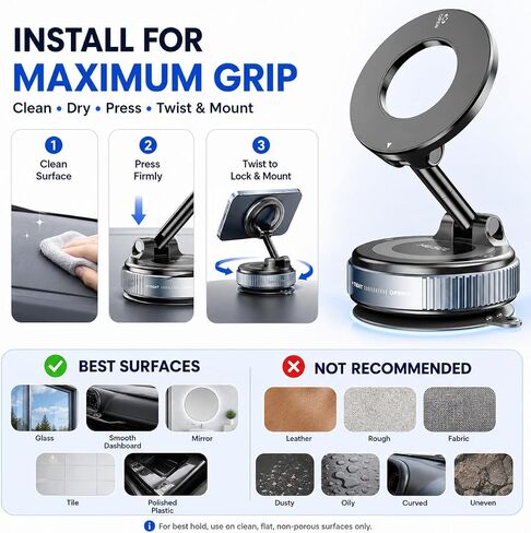 MUSEL Magnetic Car Phone Holder for MagSafe, Vacuum Mount for iPhone 17-12 in Saudi Arabia