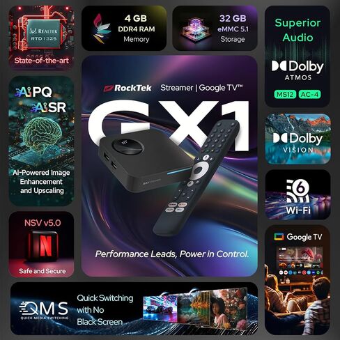 RockTek GX1 Google Certified Android TV Box with Realtek RTD1325, 4GB LPDDR4 RAM, 32GB Storage, WiFi 6 & Bluetooth 5.2, Dolby Atmos, 4K HDR Streaming Media Player in Saudi Arabia
