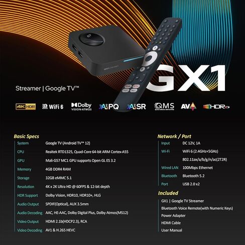 RockTek GX1 Google Certified Android TV Box with Realtek RTD1325, 4GB LPDDR4 RAM, 32GB Storage, WiFi 6 & Bluetooth 5.2, Dolby Atmos, 4K HDR Streaming Media Player in Saudi Arabia