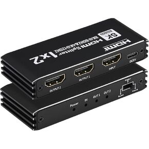 8K@60Hz HDMI Splitter 1 in 2 Out, 1x2 HDMI 2.1 Splitter Support 4K@120Hz, 1080P@240Hz VRR HDCP2.3 HDR HDR10 48Gbps EDID Dolby Atmos 7.1ch, Only Duplicate/Mirror Screens Not Extend in Saudi Arabia