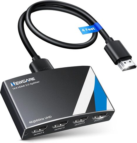 NEWCARE 4K@60Hz HDMI Splitter 1 in 4 Out w/ 4ft HDMI 2.0 Cable, 4K HDMI Splitter Auto Downscaler, Mirror Display to 4 Monitors(Not for Extended Display),Support Dobly Vision& Atmos, HDCP 2.2, 18.5Gbps in Saudi Arabia