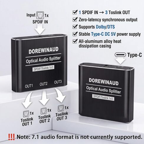 Optical Audio Splitter 1 in 3 Out with 3PCS Optical Audio Cable in Saudi Arabia