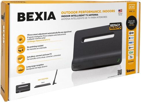 Televes 130583 Bexia Indoor HDTV Antenna – Amplified Low/High VHF/UHF with TForce Intelligent Dual-Band Gain Control, Multi-Directional Reception, LTE/4G/5G Filtering, Up to 30 Miles, Made in Spain in Saudi Arabia
