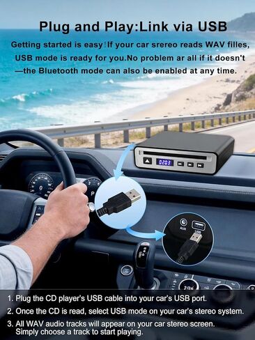 CD Player for Car Audio,External Portable Car CD Player with Bluetooth and USB Connection,for Laptop Desktop TV Computer Android 4.4 and Above Navigation with Plug and Play in Saudi Arabia