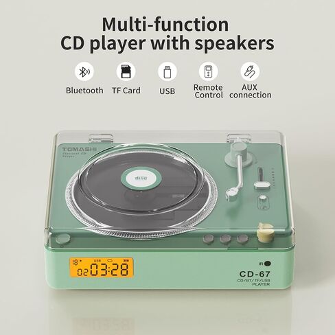 TOMASHI CD Player Portable with HiFi Speakers, Bluetooth Transmitter & Receiver, Retro Rechargeable Desktop Music Player for Home with Remote, USB/TF/AUX, Festival Gift Green in Saudi Arabia